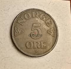 1952 Norway 5 Ore old coin