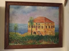 منزل عثمان الحسامي جبيل لوحة زيتية مختومة كادر خشب طول 86cm عرض 107cm