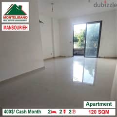 400$/Cash Month!! Apartment for rent in Mansourieh!!