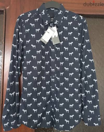 H&M Black & White Zebra Slim Fit Easy-iron Long Sleeves Shirt