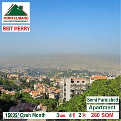 1500$/Cash Month!! Apartment for rent in Beit Mery!!