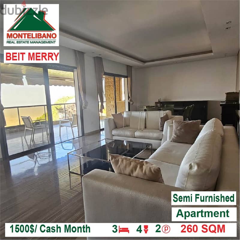 1500$/Cash Month!! Apartment for rent in Beit Mery!! 1