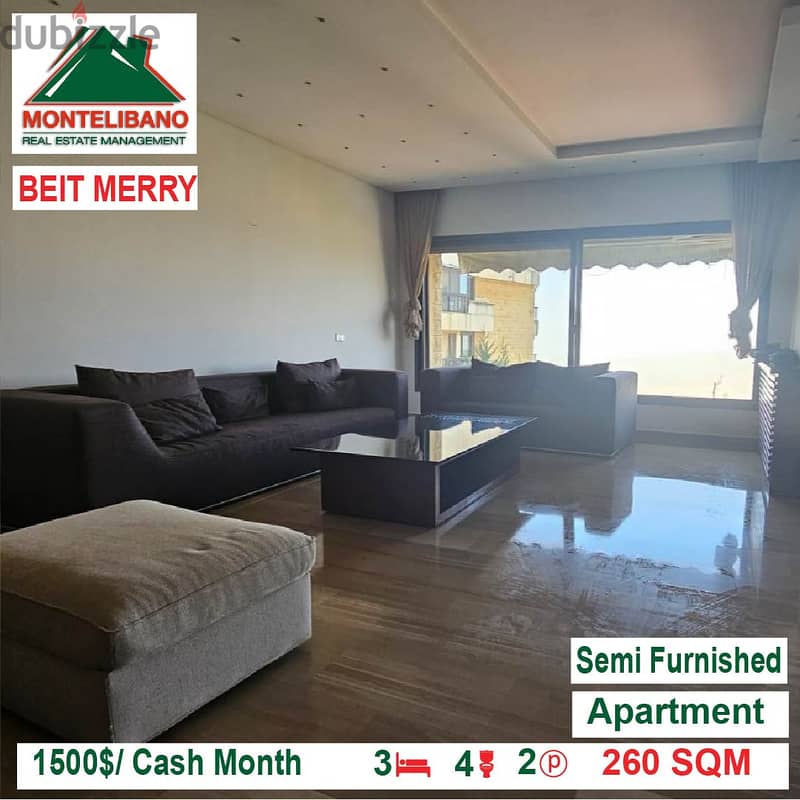 1500$/Cash Month!! Apartment for rent in Beit Mery!! 2