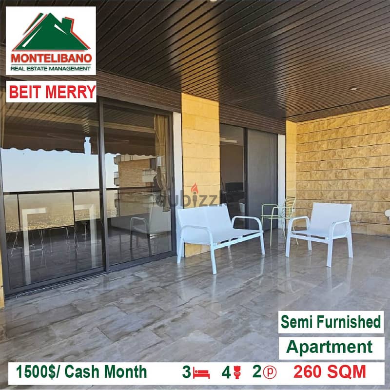 1500$/Cash Month!! Apartment for rent in Beit Mery!! 3