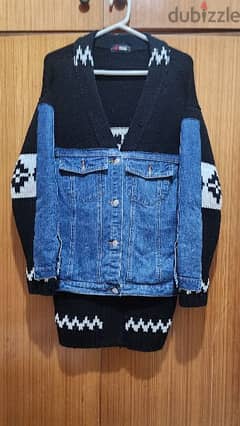 oversized Denim and wool jacket coat large جاكيت