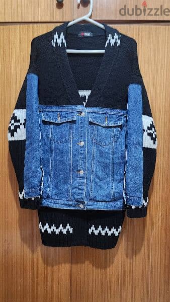 oversized Denim and wool jacket coat large جاكيت