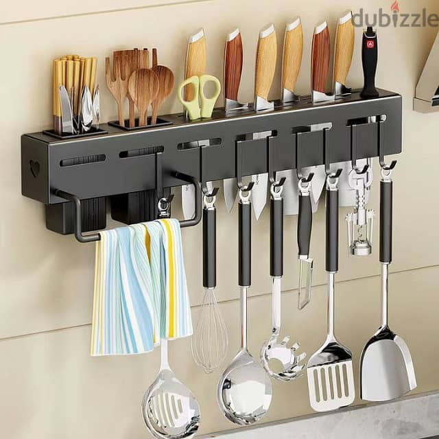 Kitchen Utensil Storage Rack with Hooks and Towel Holder 3