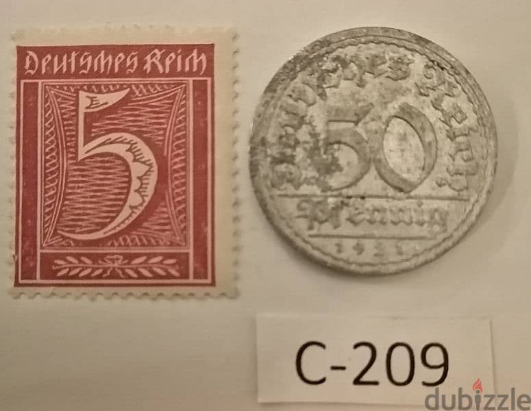 1921 Germany Weimar 50 Pfennig Lot# C-209 with stamps 1