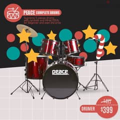 Peace Acoustic Complete Drum Set with Cymbals and Seat - 5-Pieces 0