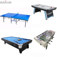 Set featuring billiard, baby foot , air hockey, and ping pong.
