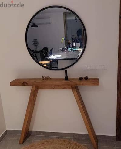 metal mirror and massive wood console مراية حديد وكونسول خشب طبيعي