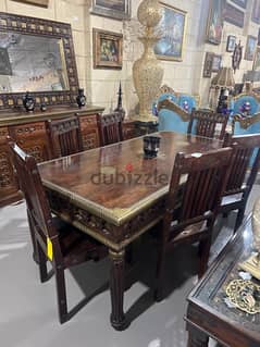 solid wood teak dining table with 6 chairs mirroe and dersoir 0
