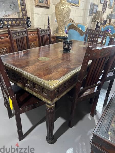 solid wood teak dining table with 6 chairs mirroe and dersoir 1