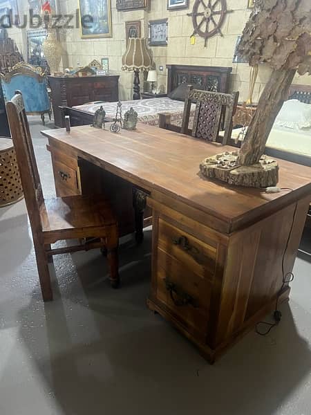 solid wood teak desk with 2 teak chairs 4