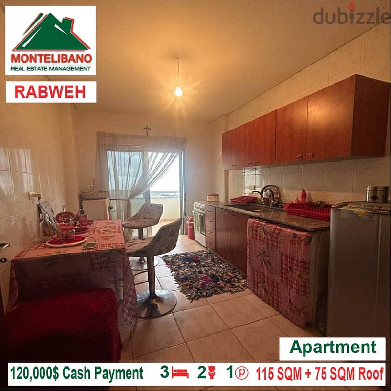 120,000$ Cash Payment!! Apartment for sale in Rabweh!! 3