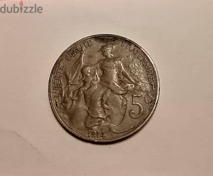 1914 WW1 France 5 Centimes D. Dupuis bronze coin 2