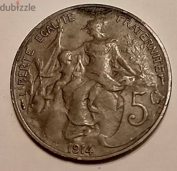 1914 WW1 France 5 Centimes D. Dupuis bronze coin 3