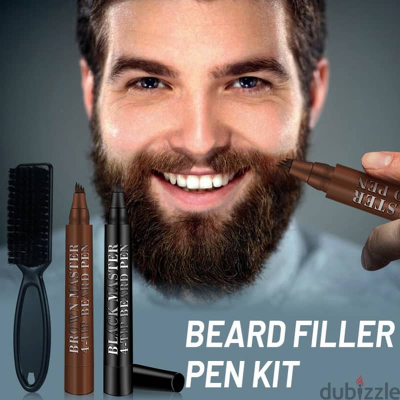 Beard Outlining Pen, Hair Coverage Brush, Black/Brown Filling Kit 1