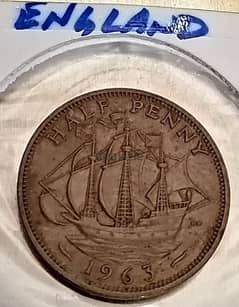 1963 England half penny Three-Masted ship bronze coin