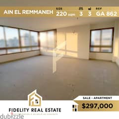 Apartment for sale in Ain El Remmaneh GA862 0