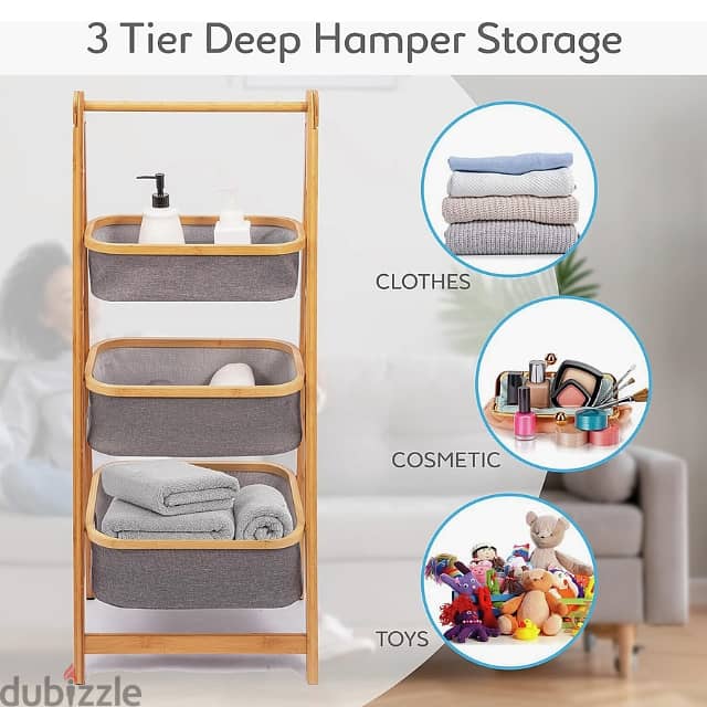 3-Tier Laundry Rack, Natural Bamboo Foldable Bathroom Stand 1