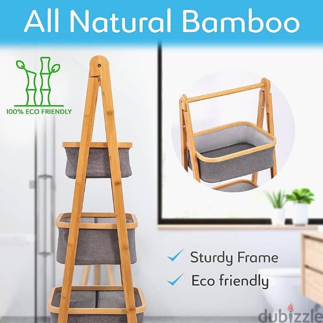 3-Tier Laundry Rack, Natural Bamboo Foldable Bathroom Stand 4
