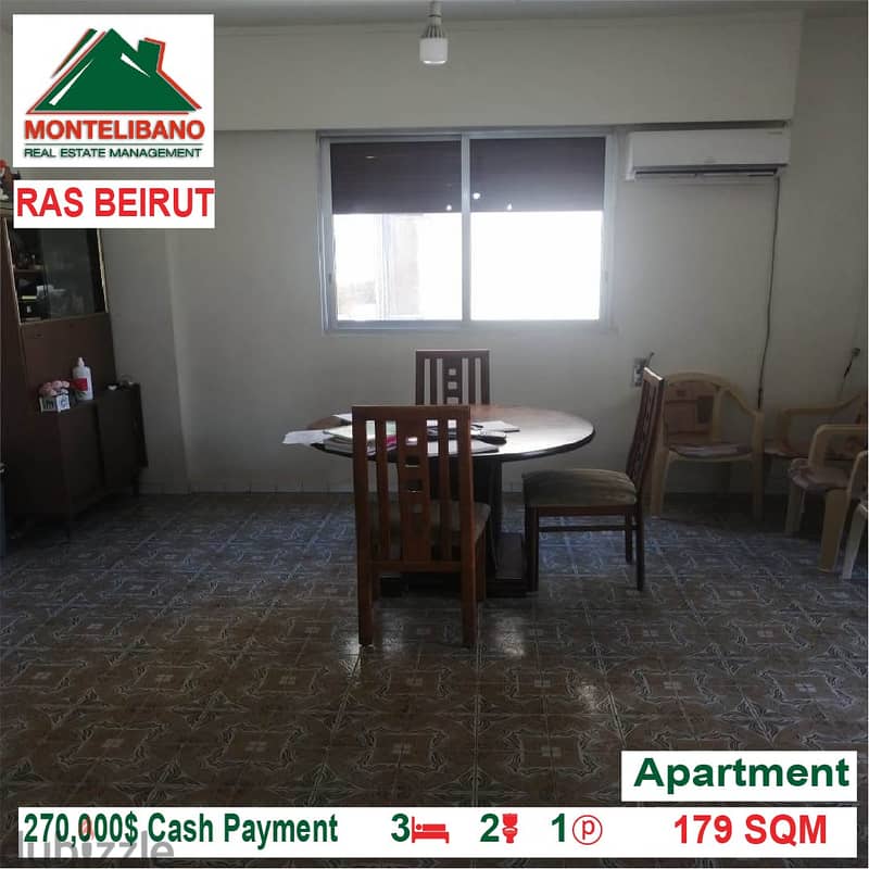 270,000$ Cash Payment!! Apartmemt for sale in Ras Beirut!! 1