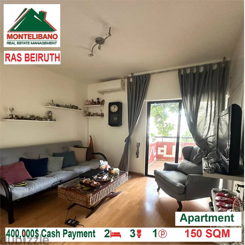 400,000$ Cash Payment!! Apartment for sale in Ras Beiruth!! 1