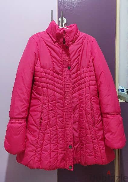pink long waterproof jacket. 1