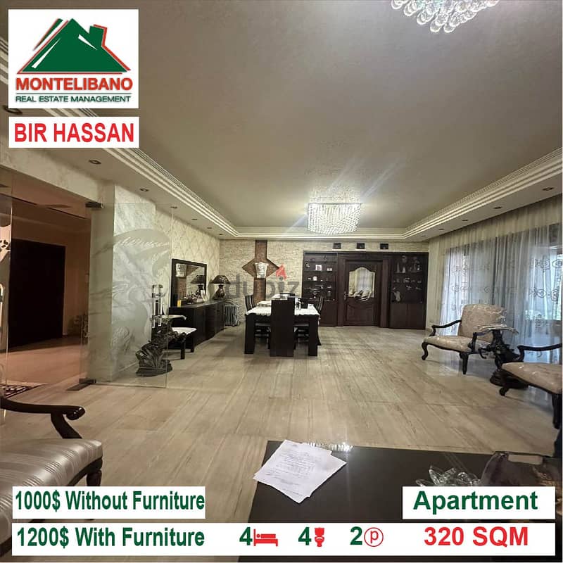 1200$/Cash Month!! Apartment for rent in Bir Hassan!! 1