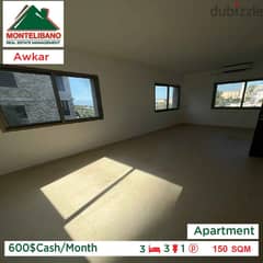 600$ Cash payment!!Apartment for rent in Awkar!!
