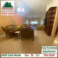 400$/Cash Month!! Apartment for rent in Mazraat Yashouh!! 0