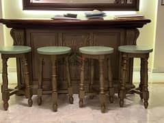 Antique French-style bar with solid wood top and (5) stools