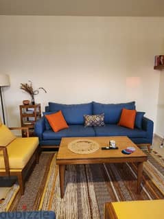 Sofa + 2 Arm Chairs + 2 pouf + coffee table + 7 cushions