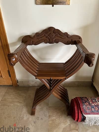 Vintage Folding Wood Chair - 2 lion carved faces