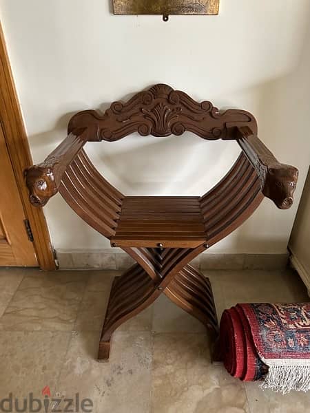 Vintage Folding Wood Chair - 2 lion carved faces 0