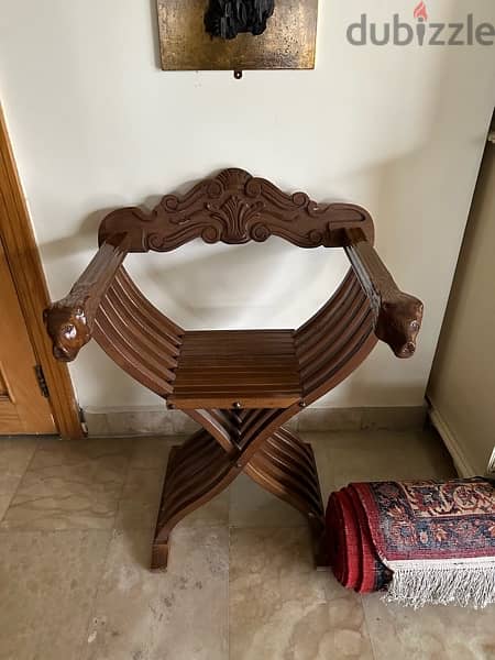 Vintage Folding Wood Chair - 2 lion carved faces 3