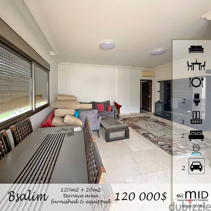 Bsalim | Furnished & Equipped 120m² + 20m² Terrace | 2 Covered Parking 0
