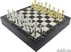 Metal Chess set with marble patterned wooden box