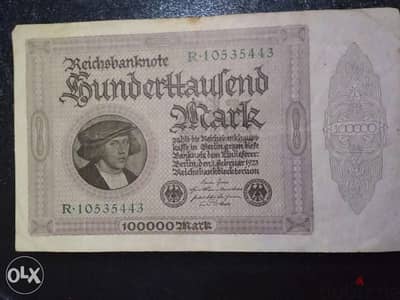 German Deutsch Reich Bank note 100 000 Mark year 1923 Berlin mint