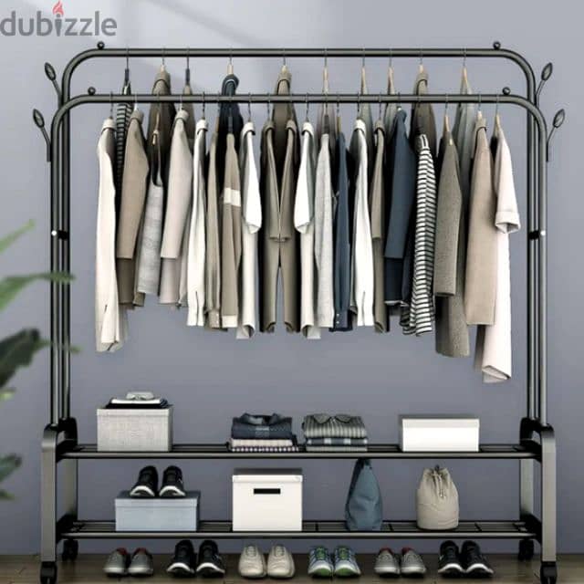 Double Steel Cloth Rack with Hooks, Shoe Shelves and Wheels 1