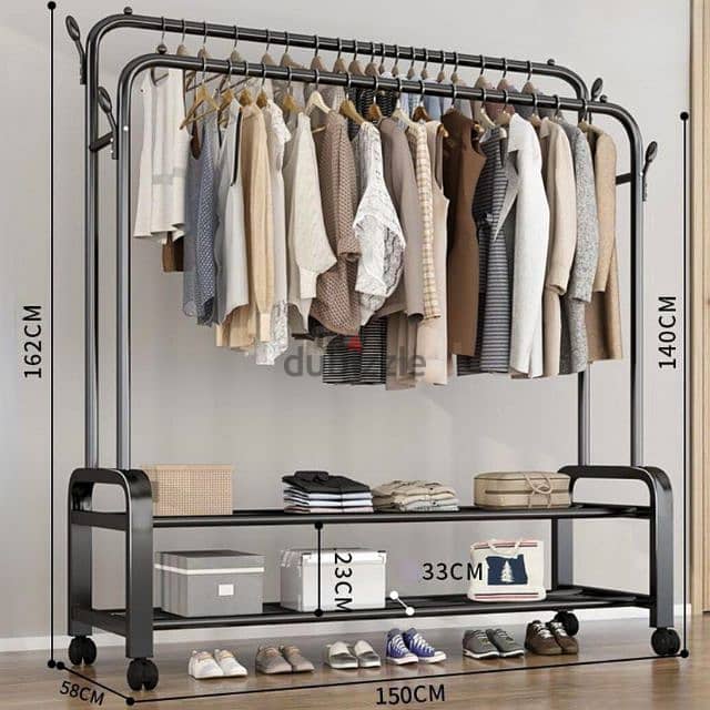 Double Steel Cloth Rack with Hooks, Shoe Shelves and Wheels 3