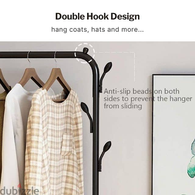 Double Steel Cloth Rack with Hooks, Shoe Shelves and Wheels 5