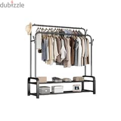 Double Steel Cloth Rack with Hooks, Shoe Shelves and Wheels