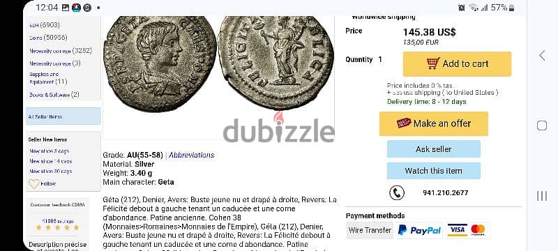 Geta Ancient Roman Ceaser Silver Coin Denarius year  212 AD. 2