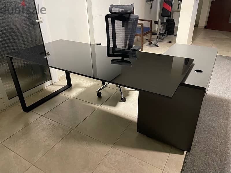 Modern L shaped Office Desk Executive Black Glass 7