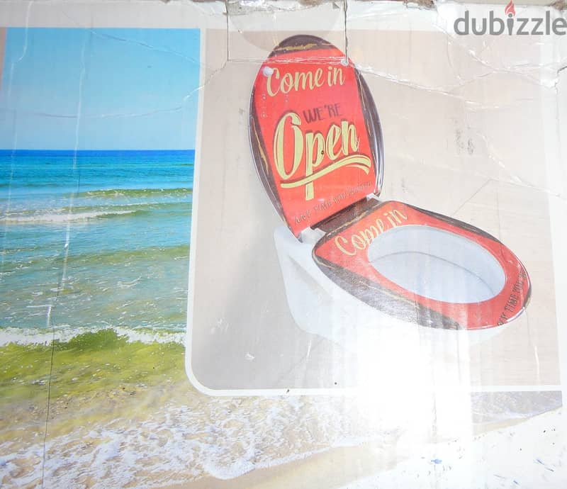 Decorative toilet seat cover "come in we re open" by home creation 4