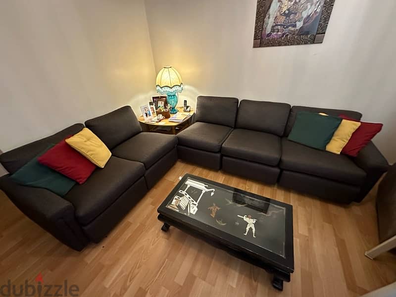 Like new grey sofa corner modules with black chinese table 0