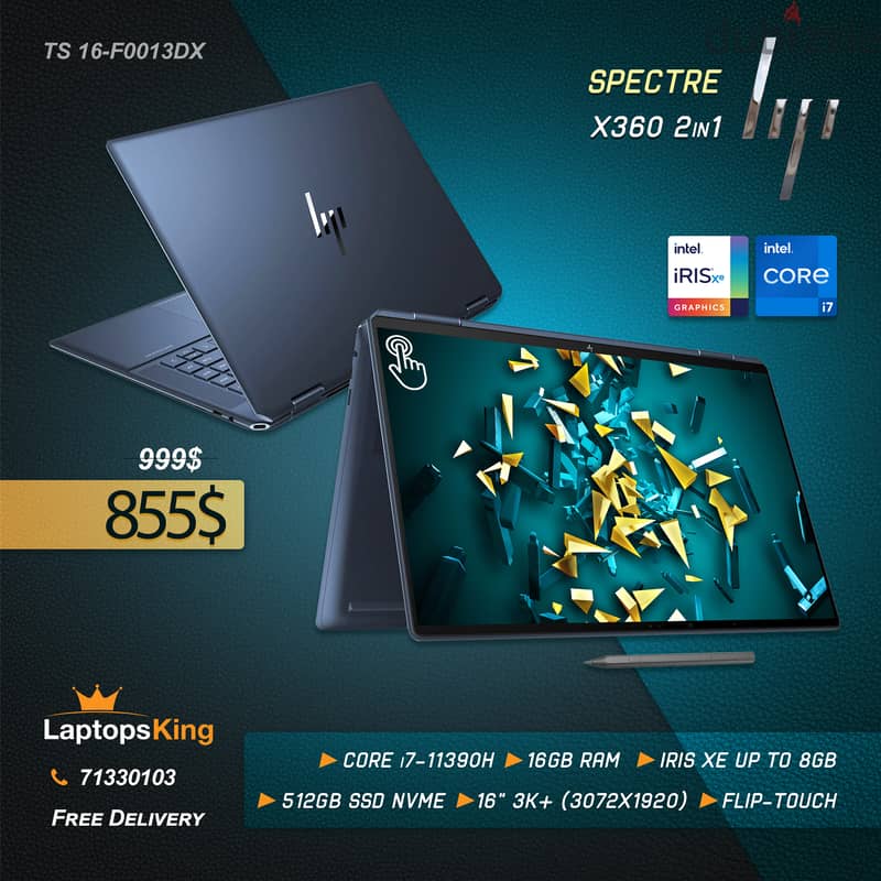 HP SPECTRE X360 TS 16-F0013DX i7-11390H IRIS XE 3K+ 16" 2in1 LAPTOP 0