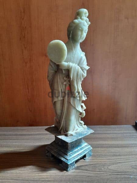 Vintage celadon soapstone hand carved statue GuanYin,marble base. 2